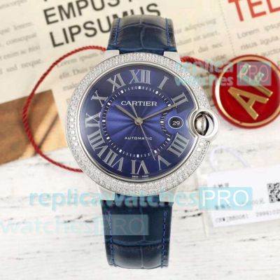 Swiss Grade AFF Cartier Ballon Bleu Blue Dial Diamond Bezel Replica Watch 